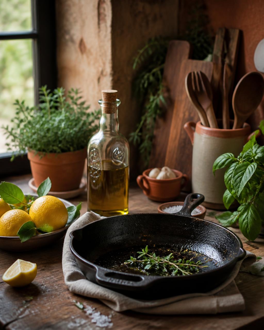 Rustic kitchen counter with fresh herbs, olive oil and a cast iron pan